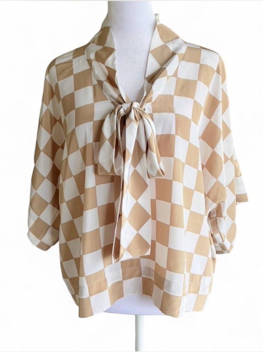 Oscar de la Renta Beige and White Checker Tie-Neck Blouse